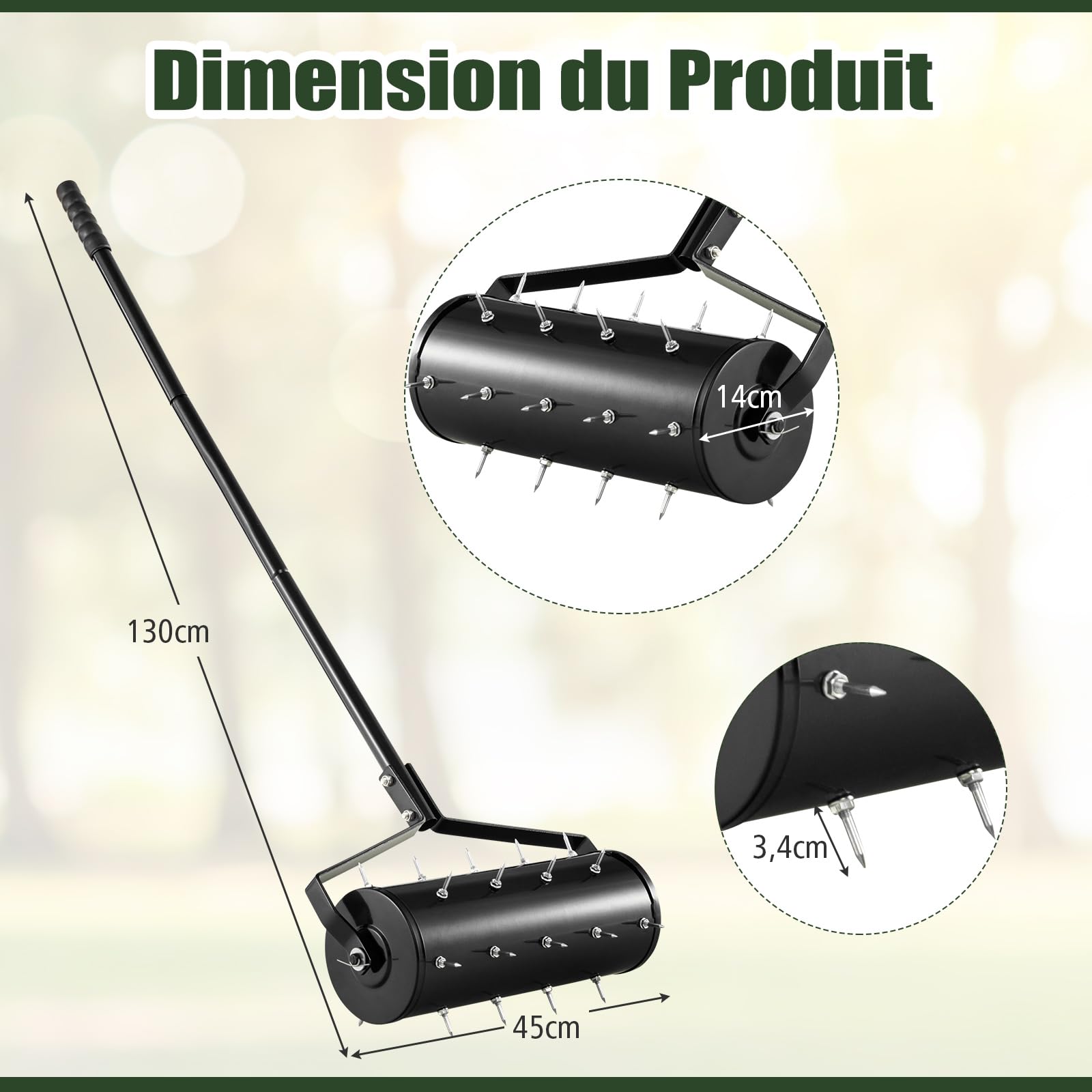 RELAX4LIFE Scarificateur Gazon Manuel 45CM avec Poignée &Rouleau à Pointes Rotatives, Rouleau Aérateur Gazon de Pelouse en Métal pour Jardin Cour Patio (5.5L | 45x130CM, Noir)