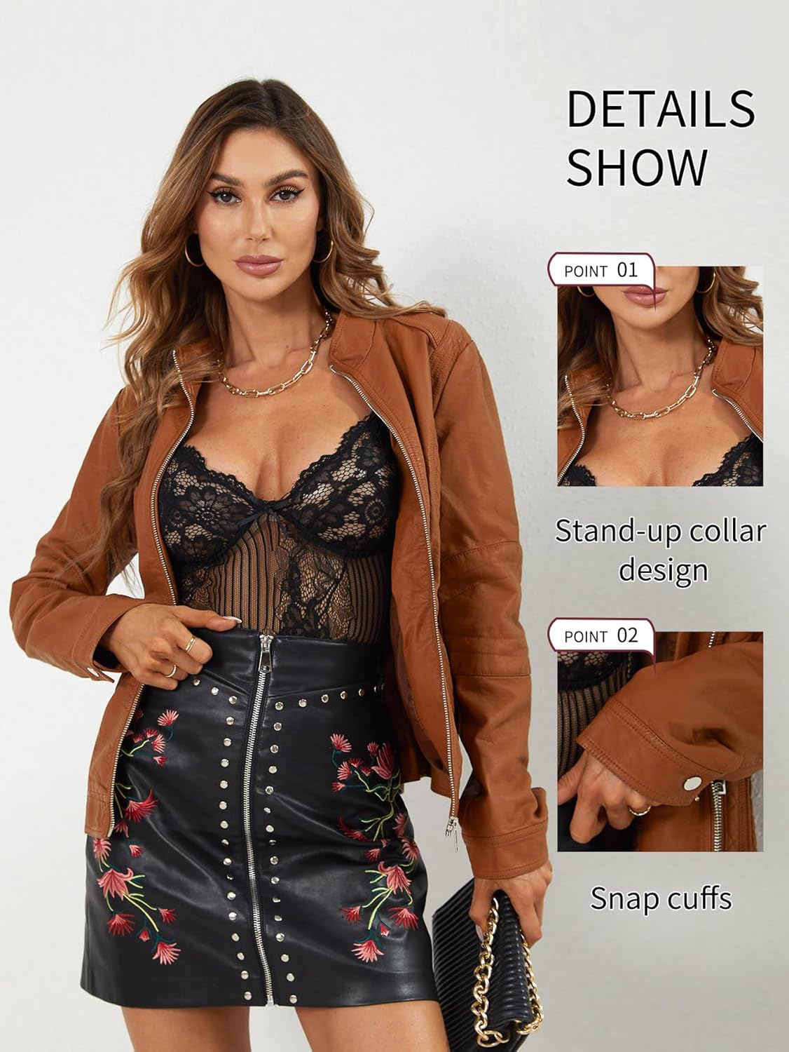 Bellivera Faux Leather Jacket Women Motorcycle Zipper Bomber PU Bike Coat with Pockets - Image 4