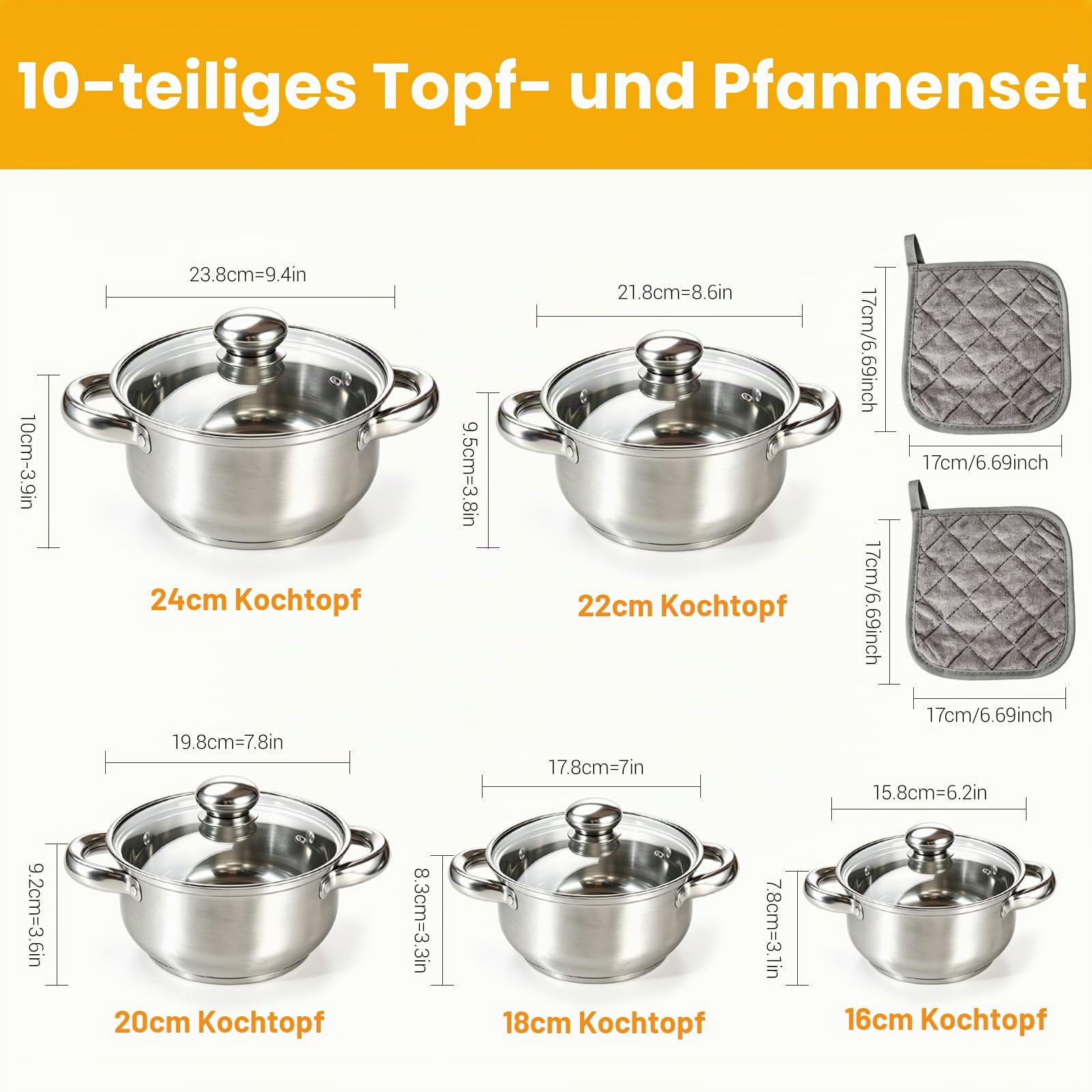 Topfset Induktion Edelstahl 5-Teilig, Alle Herdarten