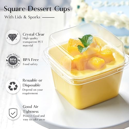 Miniatura 3 de TOFLEN 50 tazas cuadradas de plástico de 8 onzas para postre con tapas y tenedores, vasos de plástico transparente para yogur, parfait, tazas para