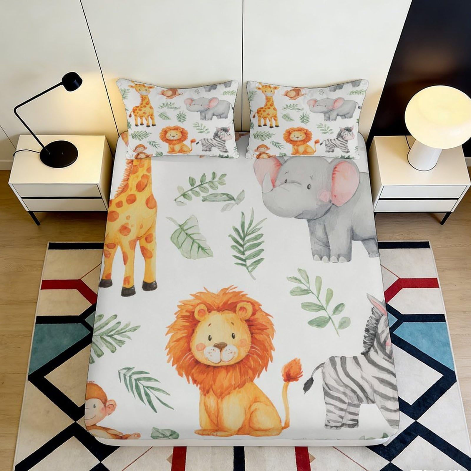 3D Printed Jungle Animal Fitted Sheet Microfiber Soft Safari Wildlife Mattress Cover for Bedroom Dorm Mattress Protector Decor 180x200x25cm