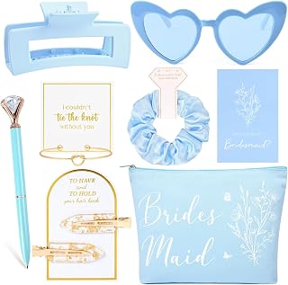 8PCS Bridesmaid Proposal Gifts Bridesmaid Hair Clips Scrunchies Sunglasses Makeup Bag Knot Bracelet Proposal Card Bachelorette Party Wedding Favors Bridal Party Present for Women Girls Blue