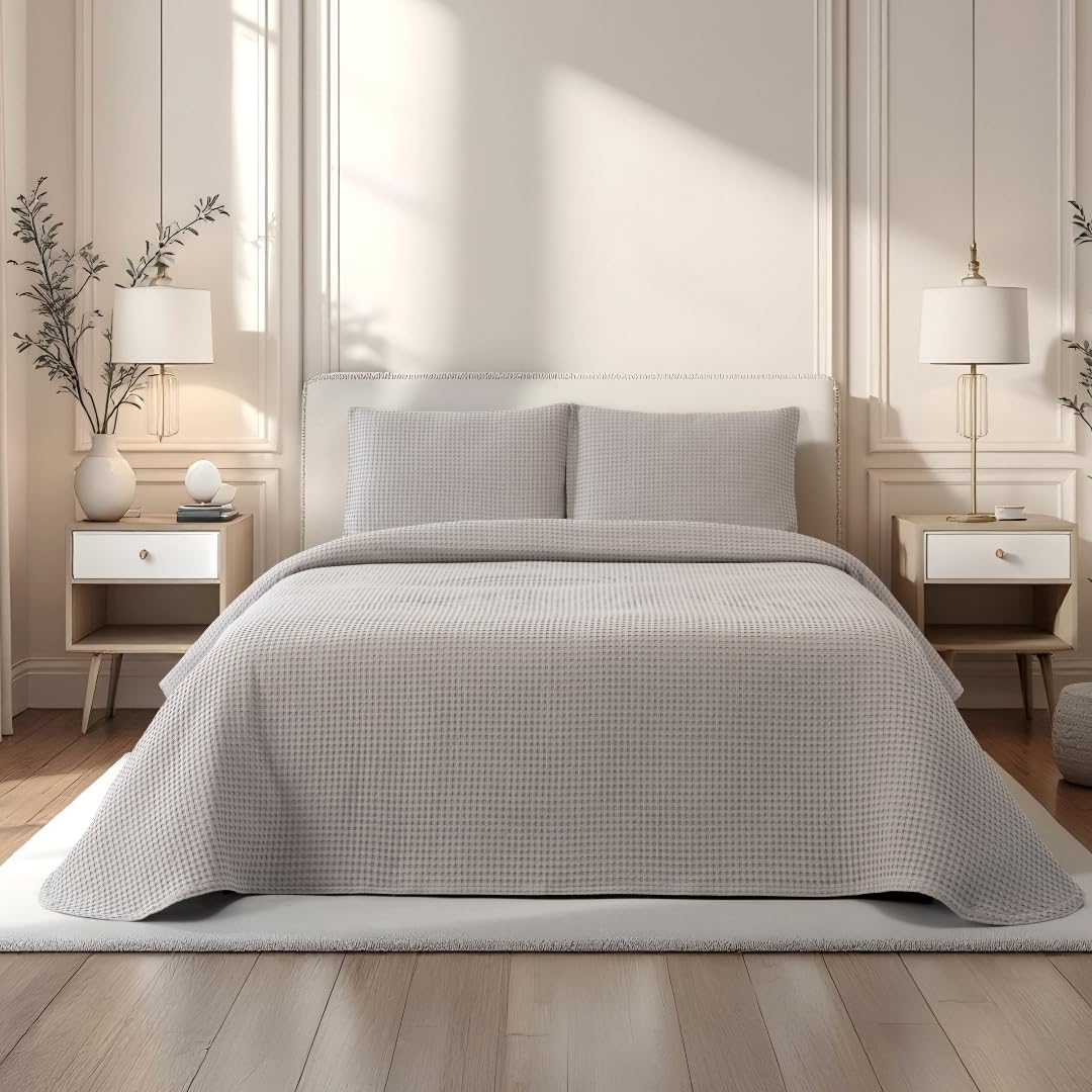 Casa da Laura - Colcha Gris para Camas 180/200 - 280 x 260 cm - Elegante Patrón de Waffle - 100% Algodón Prelavado
