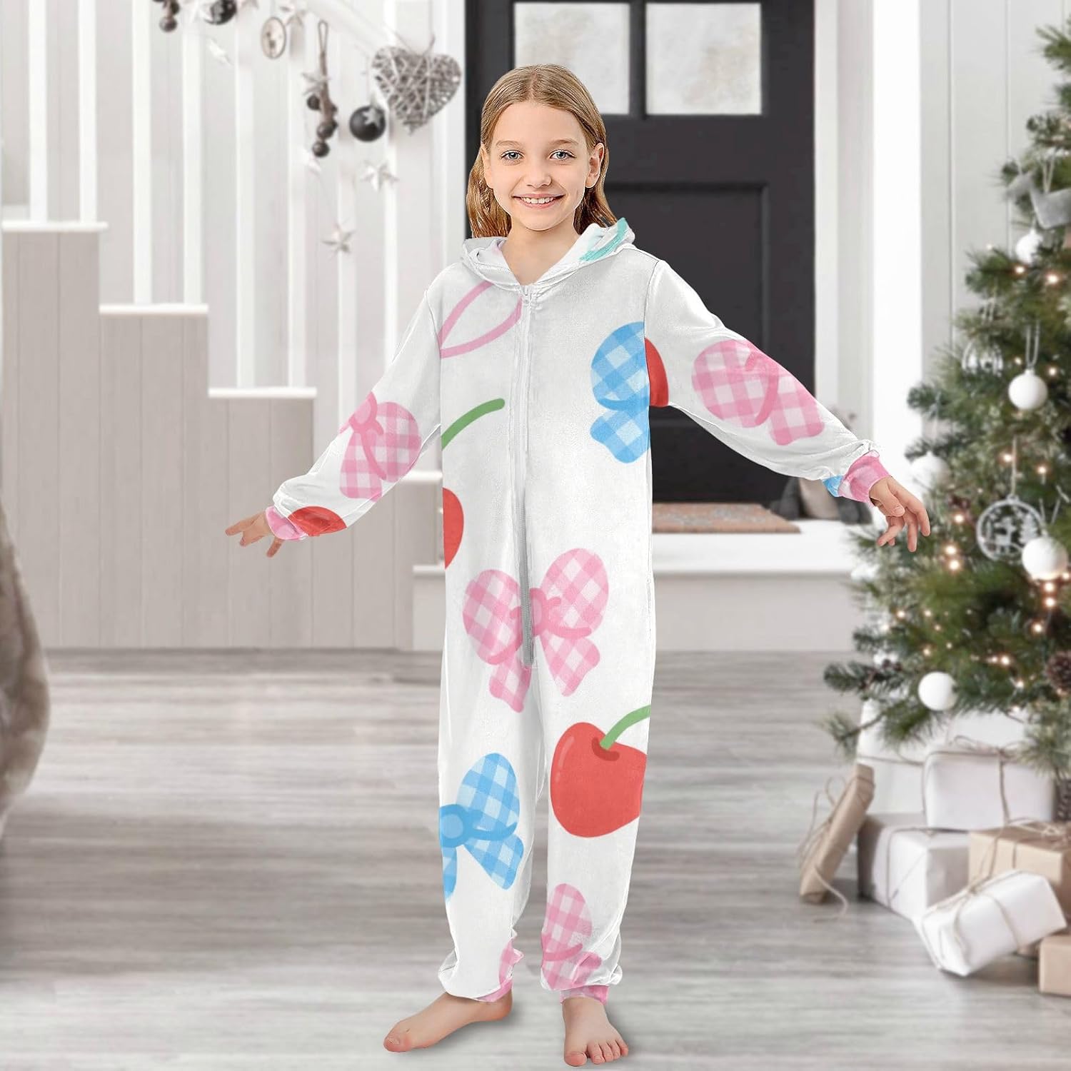 Cute Cartoon Cherry BowOnesie PajamasSoft Cozy Hooded Xmas Holiday Costumesfor Parties Sleepovers