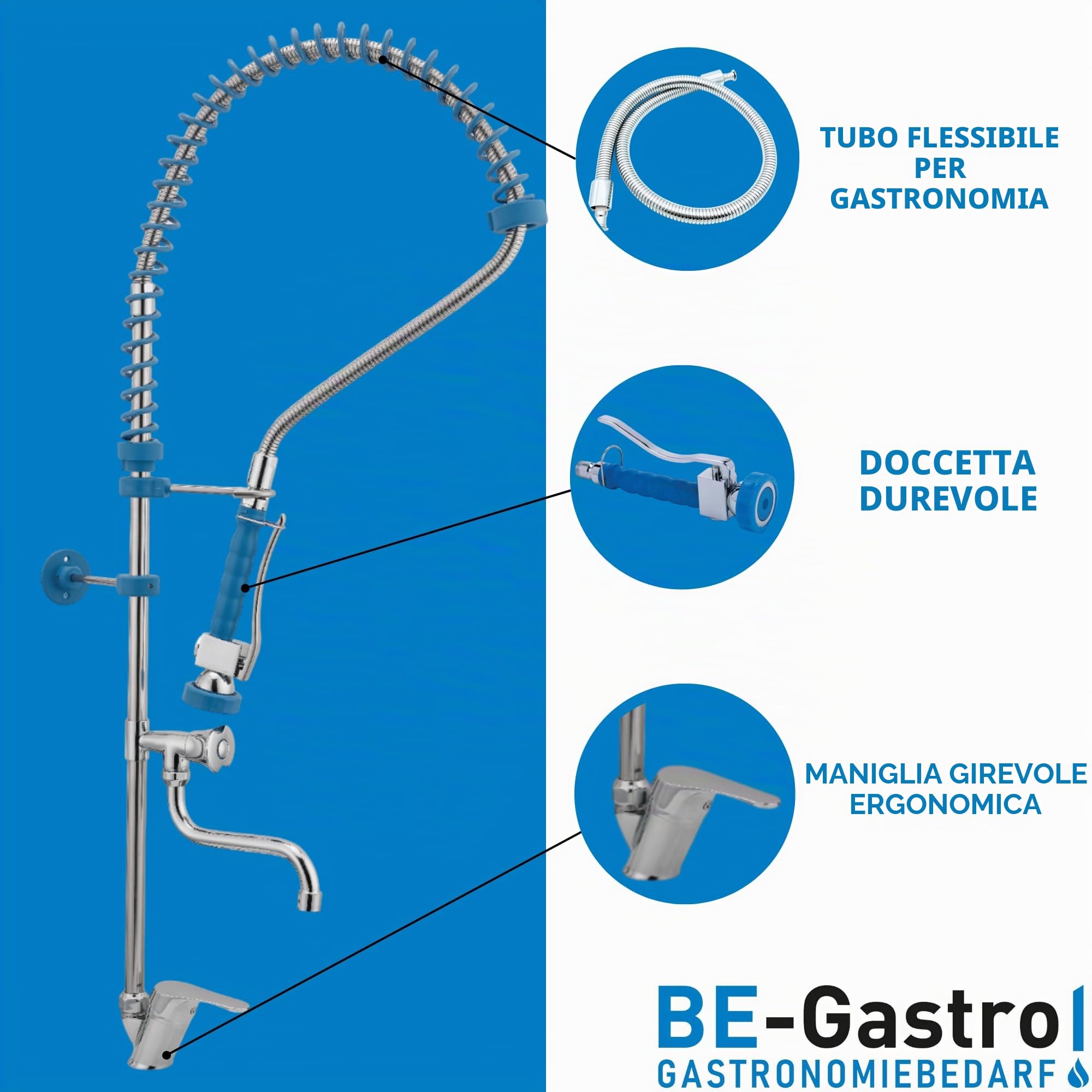 BE-GASTRO | Rubinetto professionale set di prelavaggio stoviglie per cucine di ristoranti Gruppo doccia con miscelatore monoforo, monocomando multigiro e Rubinetteria