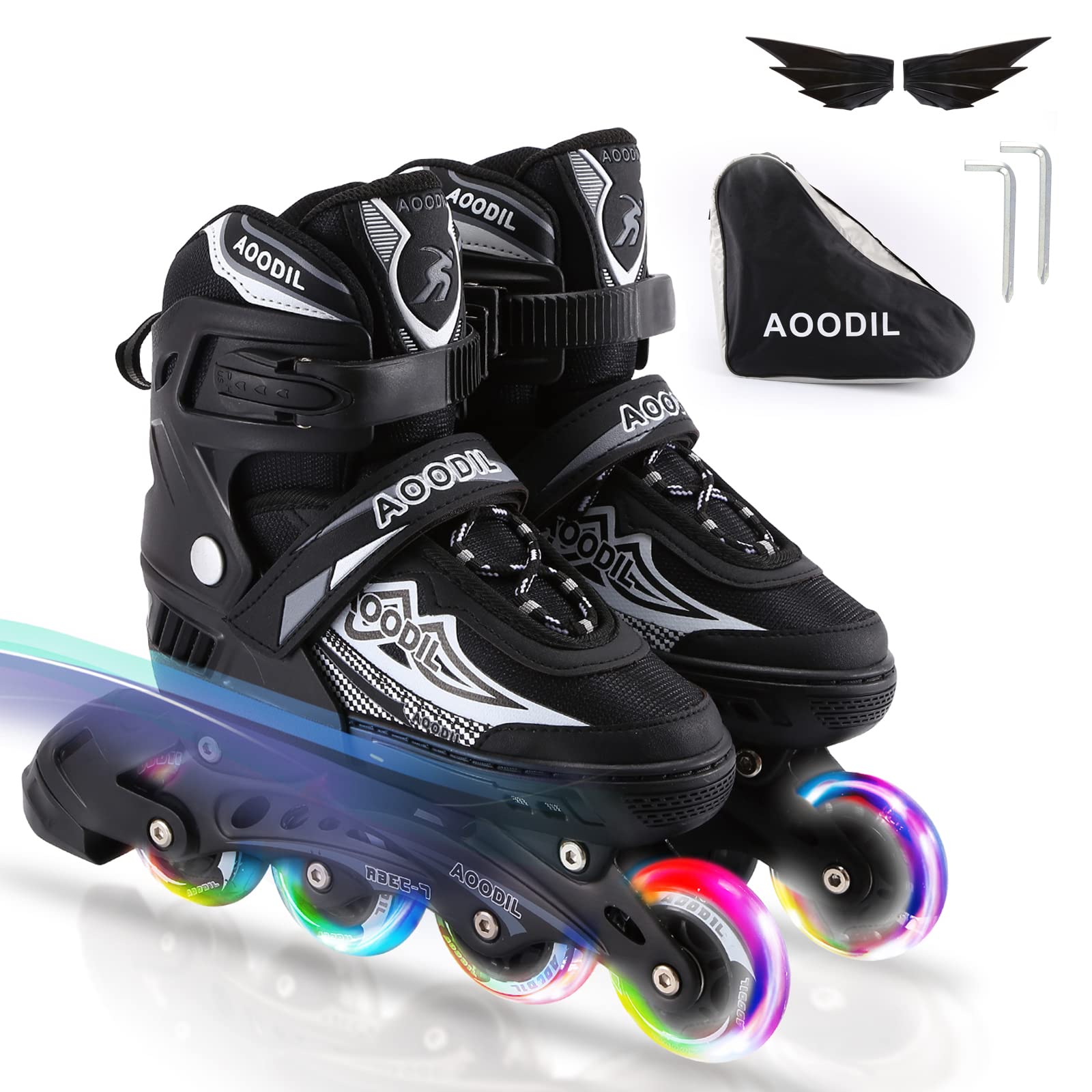 Photo 1 of Rollingsurfer Adjustable Inline Skates for Kids, Roller Blades with Full Light Up Wheels, Beginner Roller Skates, Outdoor Sports Inline Skates for Youth Adults Girls and Boys Large-Youth&Adult(5-9) BLACK