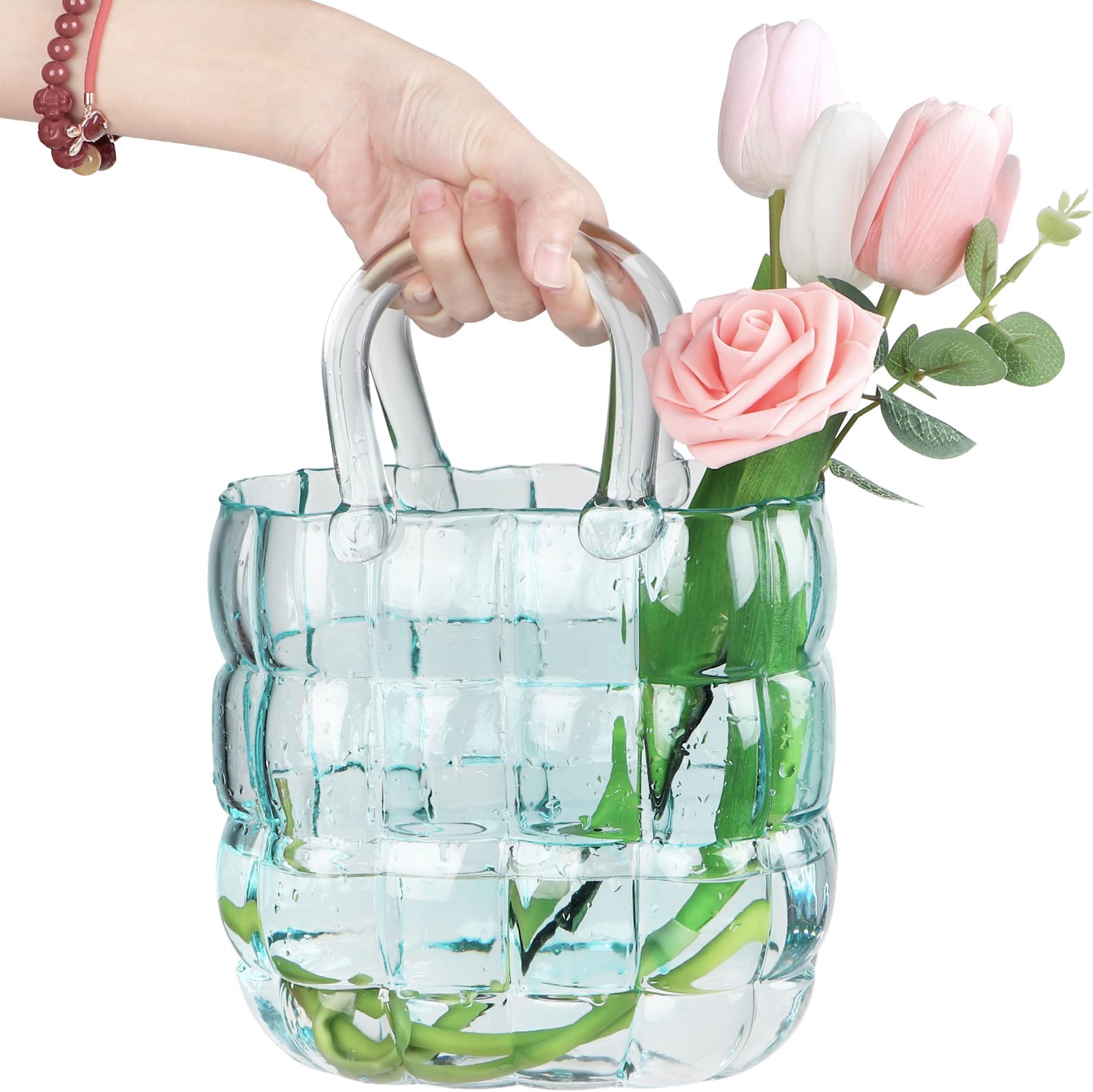 Unique Purse Vase for Flowers,11'' Handmade Thicken Bubbled Glass Bag Vases with Gradient Color for Home Decors .Great Clear Purse Flower Vase for Centerpiece,Floral Arrangement,Wedding Decors.
