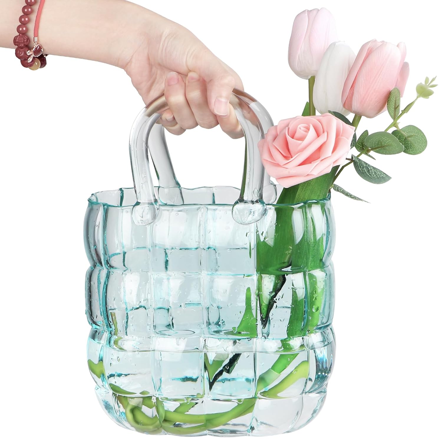 Unique Purse Vase for Flowers,11'' Handmade Thicken Bubbled Glass Bag Vases with Gradient Color for Home Decors .Great Clear Purse Flower Vase for Centerpiece,Floral Arrangement,Wedding Decors.