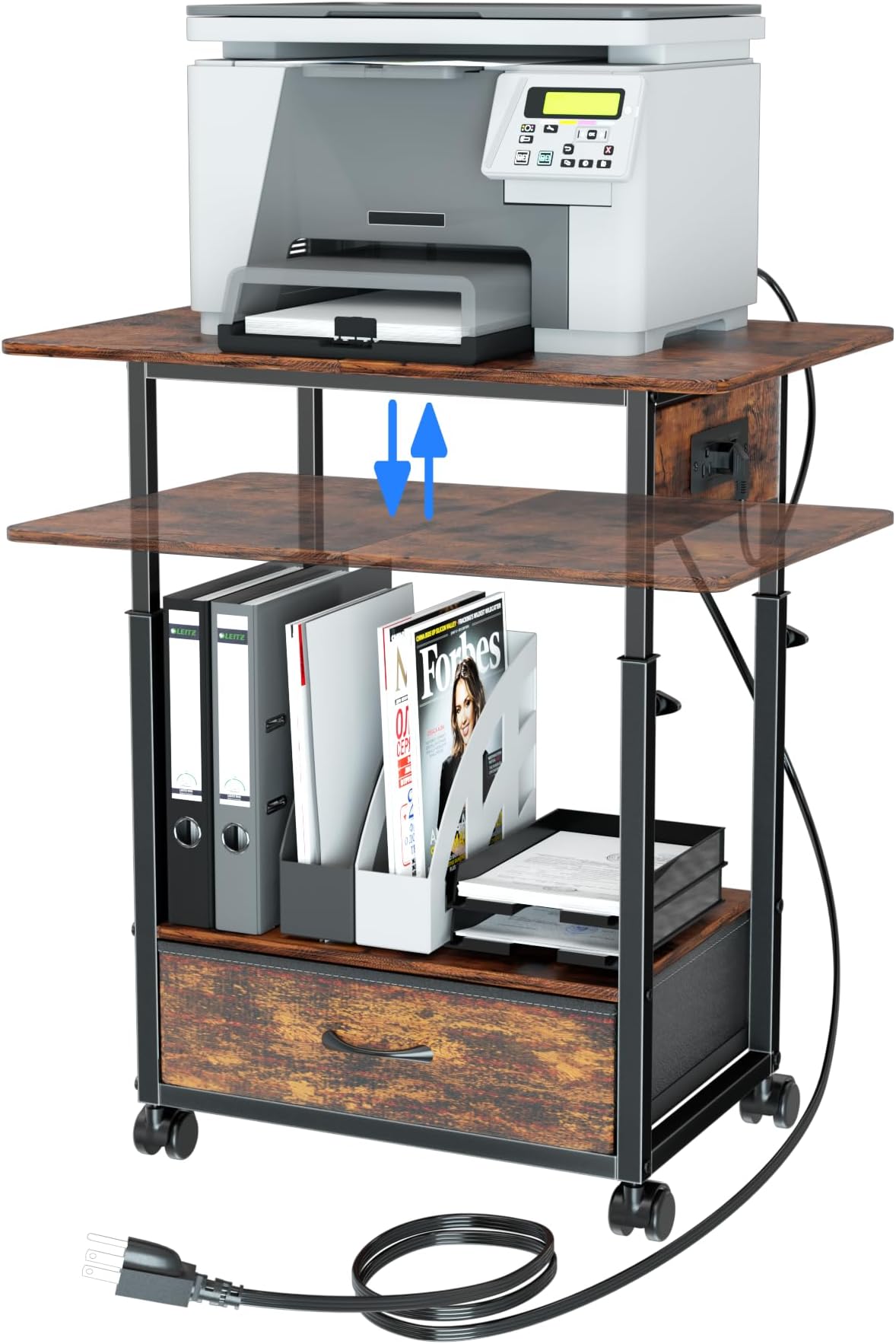 Printer Stand with Charging Station, 2-Tier Height Adjustable Printer Table with Power Outlets Ports, Mobile Printer Cart with Fabric Drawer & Lockable Wheels, for Home Office, Rustic Brown