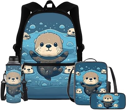 Upetstory Sea Otter Backpack for Girls Boys Kids School Bag with Lunch Box 6-8 8-10 Elementary Kindergarten Preschool Bookbag 4 IN 1 Schoolbag Set Pencil Case Water Bottle Sleeve