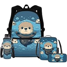Upetstory Sea Otter Backpack for Girls Boys Kids School Bag with Lunch Box 6-8 8-10 Elementary Kindergarten Preschool Bookbag 4 IN 1 Schoolbag Set Pencil Case Water Bottle Sleeve