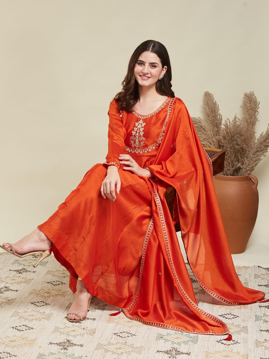MOKOSH Women's Silk Anarkali & Pant with Dupatta Set (417-06-L_Orange) - Image 7 thumbnail