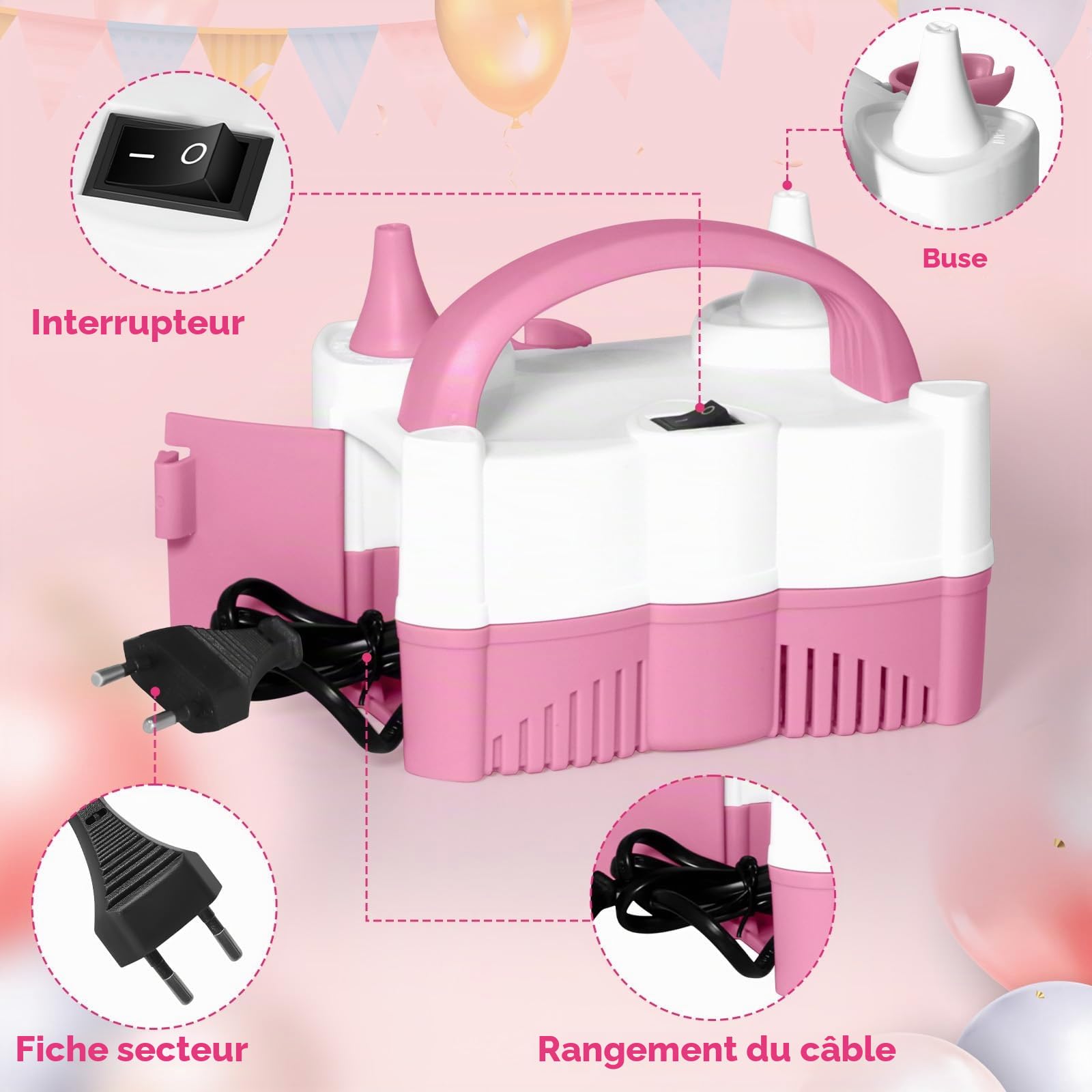 HELESIN Pompe à Ballons Électrique, Gonfleur Ballon Portable avec 4 Accessoires, Pompe à Air Electrique avec Gonfleur à Double Buse, Pompe Ballon d'anniversaire, Fête, Décoration de Noël