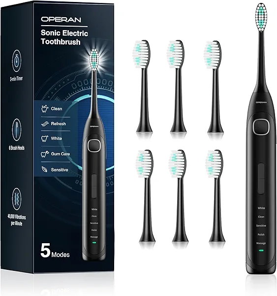 Operan Electric Toothbrush for Adults Sonic Rechargeable Toothbrush with Smart Timer 5 Modes 6 Brush Heads IPX7 Waterproof 40,000 VPM Motor 6 Hours Fast Charge for 100 Days (Black, 1Pack)