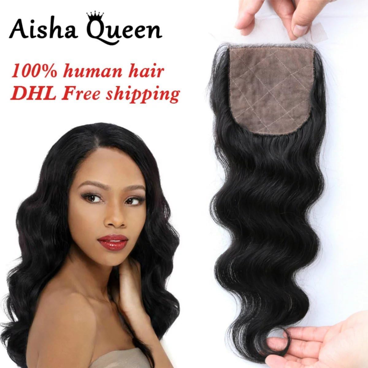 Aisha Queen 4x4" Brazilian Bleached Knots Virgin Human Hair 3 Layers Swiss Lace Closure Body Wave with Baby Hair 12" Side Part