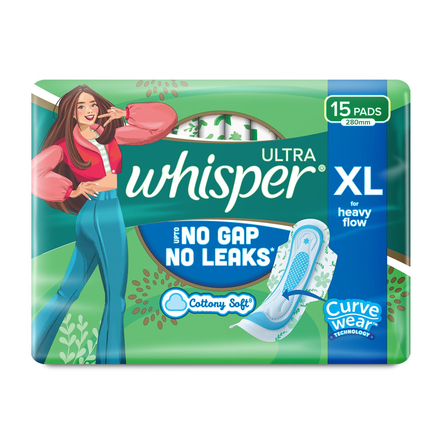 Whisper Ultra Clean Sanitary Pads for Women, XL, Pack of 15 Napkins