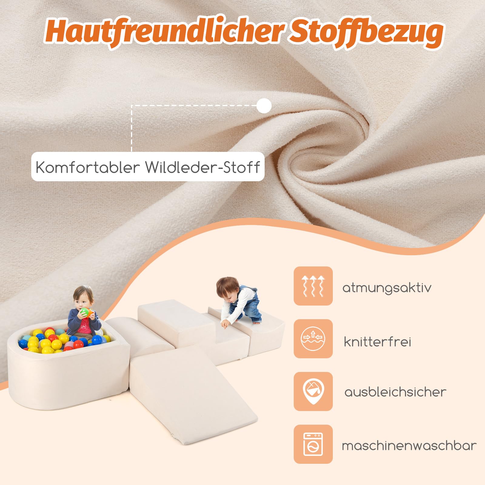 COSTWAY 5 TLG. Schaumstoffbausteine, Riesenbausteine mit Bällebad, Großbausteine zum Toben und Klettern, Kletterblöcke Softbausteine Kinder für Spielzimmer, Kinderzimmer, Keine Bälle (Beige)