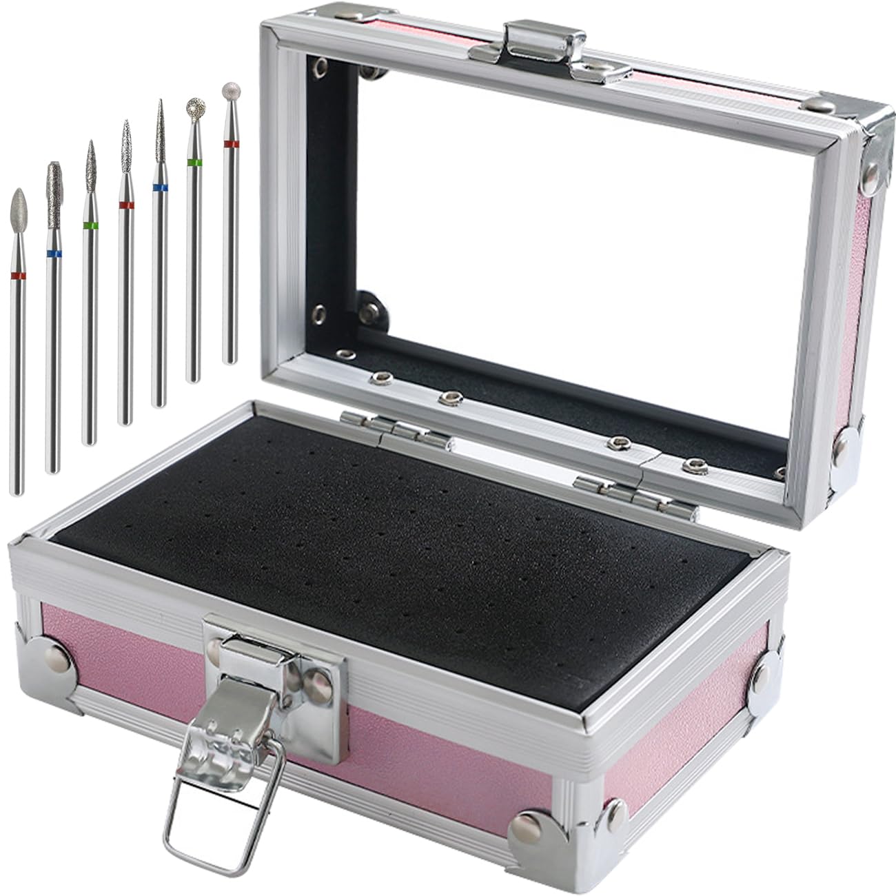 OLizee® 50 Holes Nail Drill Bits Holder with 7 Drill Bits Metal Nail Drill Tool Box Pink Nail Drill Bits Case Nail Drill Bits Organizer for Women Girls