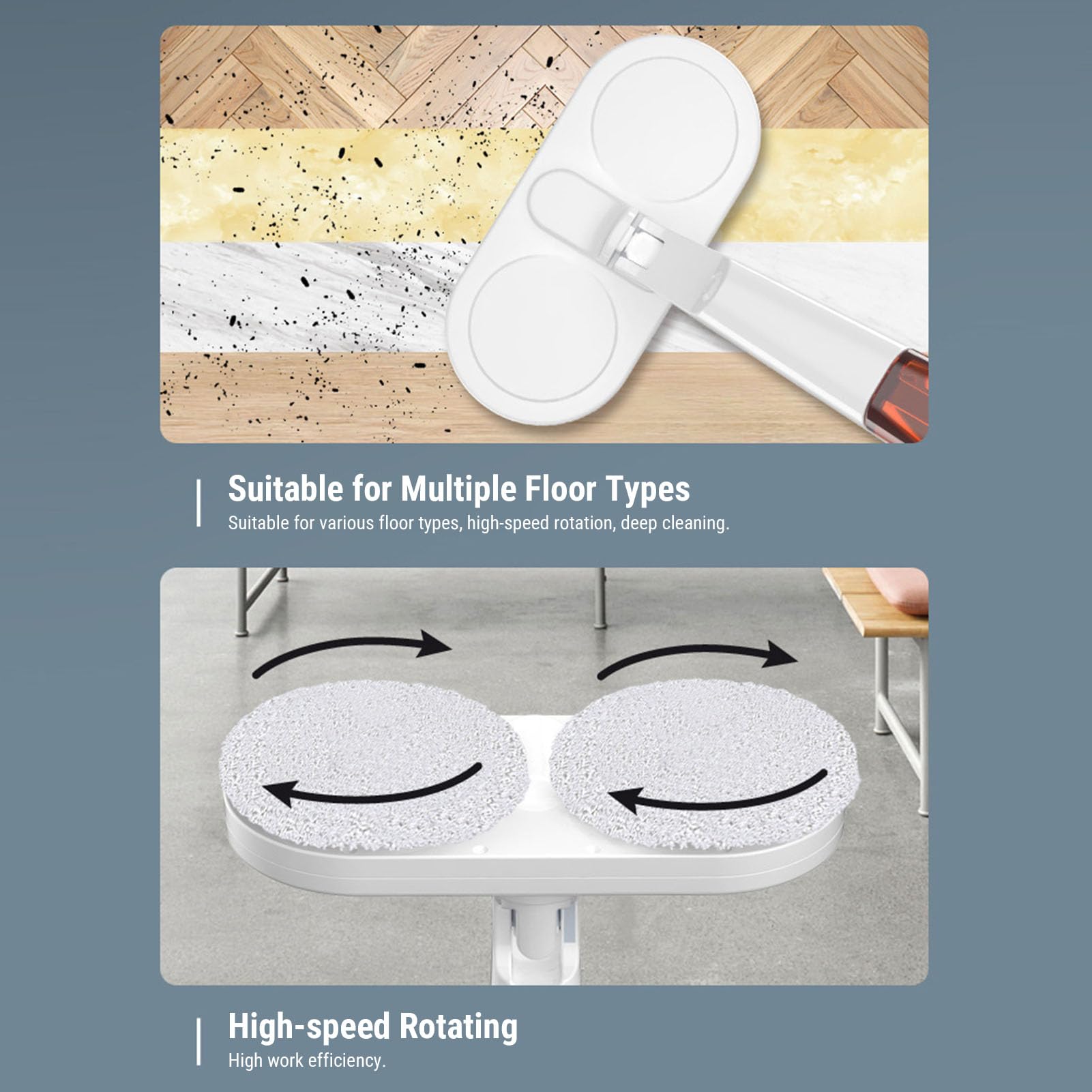 Fockety Mopa eléctrica inalámbrica, mopa giratoria eléctrica Recargable por USB con Luces integradas, Almohadillas Lavables y Cubo de Gran Capacidad, Limpiador de Suelos