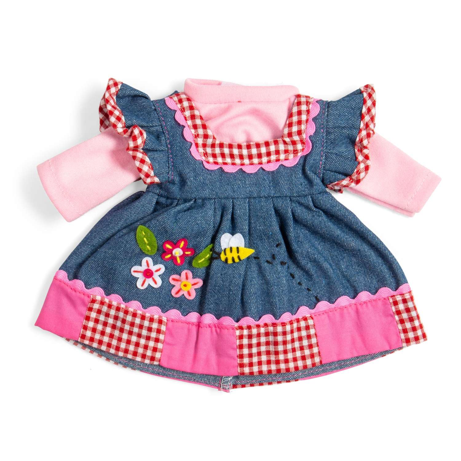 Bigjigs Toys Denim Dress With Pink Trim (Medium) | Dolls Clothes | Blue Dresses with Red Gingham & Pink Patch Details for a Kids' Soft Doll | Dolly Outfits & Accessories | Ragdoll Toy Dressing Up Set