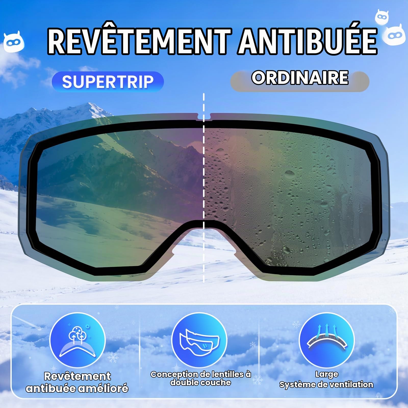 Supertrip Masque Ski Enfant 6-14 Ans, Lunette de Ski Anti-Buée UV400 pour Garçon et Fille,Masque de Ski Enfant Pour Snowboard Motoneige et Alpinisme | Lunette de Ski Anti-Buée UV400 pour Garçon et Fille, Masque de Ski Enfant Pour Snowboard Motoneige et Al