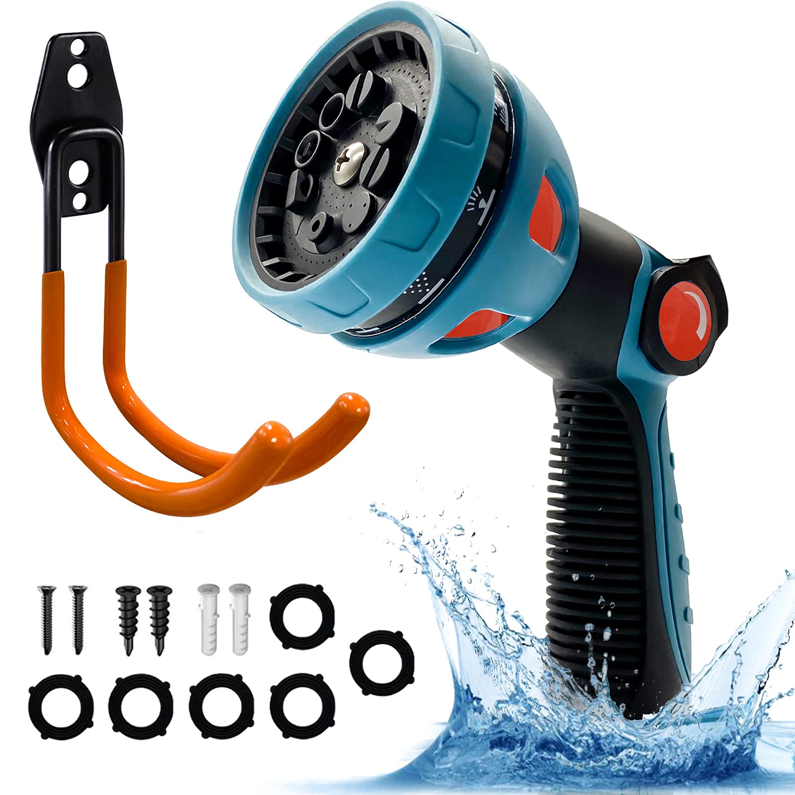 Hose Nozzle - Hose Sprayer - Features 10 Spray Patterns Thumb Control,On Off Valve for Easy Water Control,Garden Hose Nozzle/Water Hose Nozzle for Lawns,Garden,Home,Pet,Car w/a Heavy Duty Hose Hook