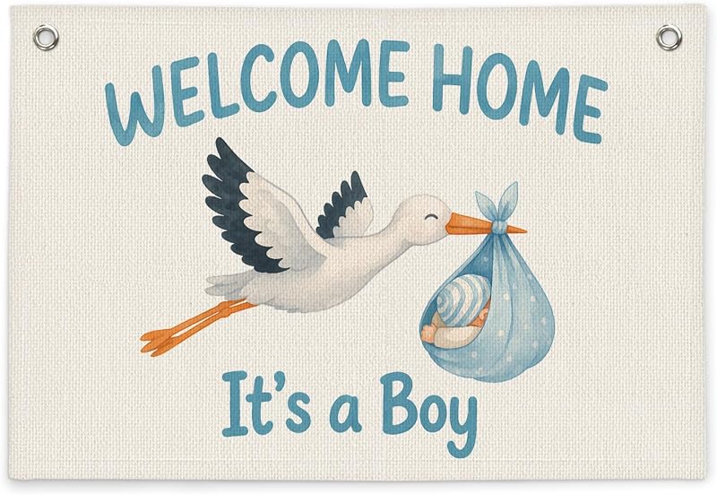 Baby Boy Nursery Decor, Welcome Home It’s a Boy Wall Hanging Banner, Cute Stork Wall Decor for Baby Shower Nursery Bedroom Kids Room, 20x30 Inch