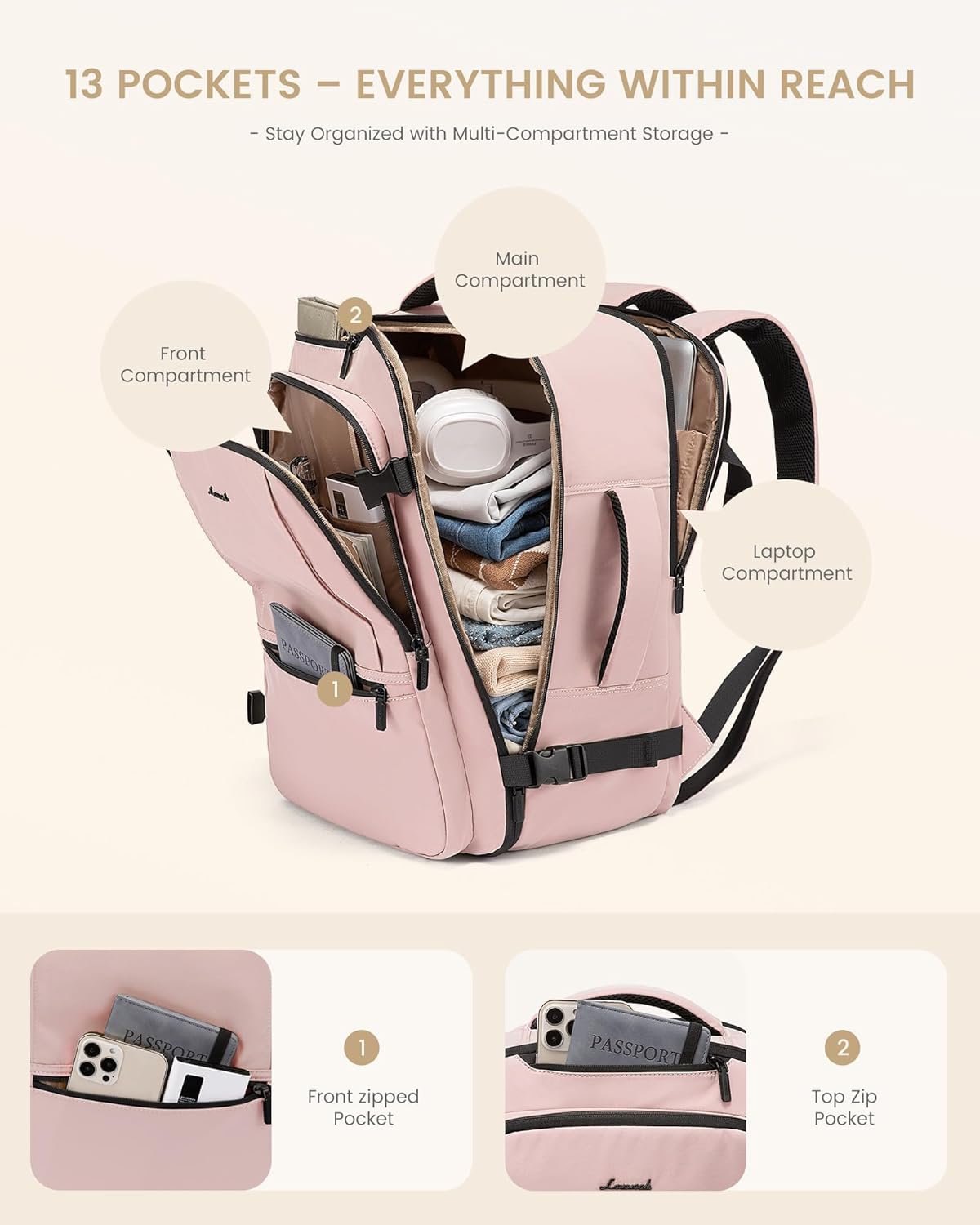 LOVEVOOK Travel Backpack for Women & Men, 60L Large Carry On Backpack Airline Approved, TSA Personal Item Weekender Bag, Laptop Backpacks with 3 Packing Cubes for Travel Essentials, Waist Belt - Image 7