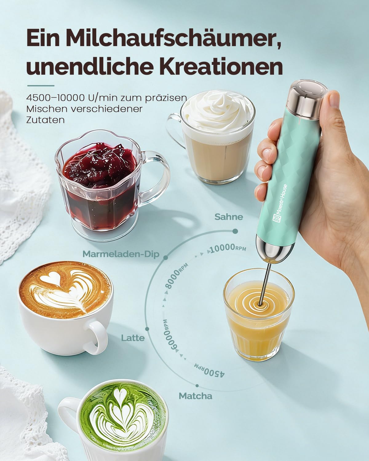Maestri House Milchaufschäumer Mit Stufenloser Geschwindigkeitsregelung, Usb Aufladbar Milchaufschäumer, Aufschäumer Mit 3 Schneebesens Und Ständer Aus Edelstahl, für Latte Cappuccino und Eier