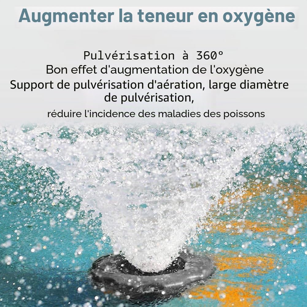 Pompe à eau flottante pour fontaine de bassin avec jets de pulvérisation à 360 ° - Économie d'énergie - Filtre d'admission - Aérateur en céramique pour bassin à poissons - Circulation de l'oxygène