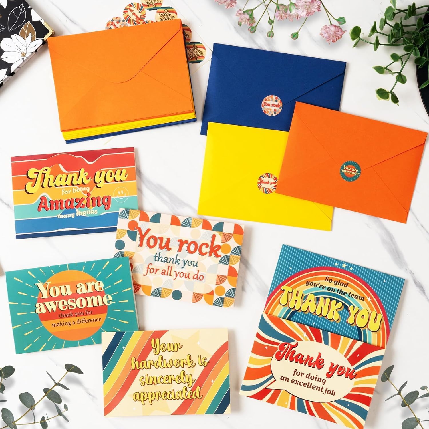 Paquete de 96 tarjetas de agradecimiento para empleados con sobres y calcomanías de 4 x 6 pulgadas, tarjetas de agradecimiento para el personal, regalos de agradecimiento para compañeros de trabajo