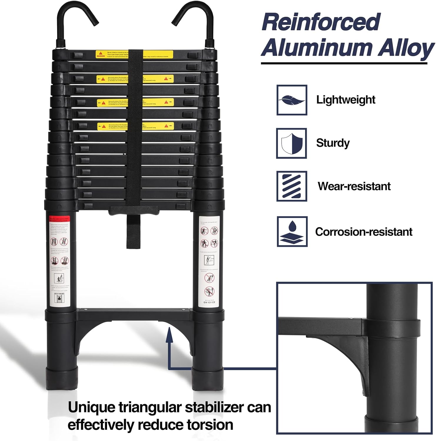 bocom 14.5 ft aluminum telescoping ladder with hooks, lightweight multi-purpose collapsible extension with 2 triangle stabilizers, heavy duty 330 lbs max capacity for home, rv, and outdoor work black black 14.5 ft (hooks)