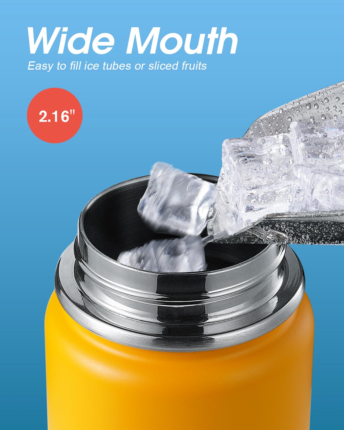 Coolflask Borraccia termica con cannuccia, in acciaio inox, con 3 coperchi, imboccatura larga, per sport o ufficio, senza BPA, mantiene il freddo fino a 48 ore o caldo fino a 24 ore, giallo/arancione