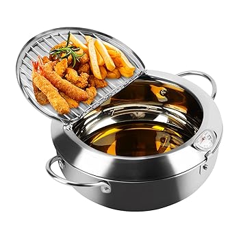 HORCRUX Deep Fryer Pot,304 Stainless Steel with Temperature Control and Lid Japanese Style Tempura Fryer Pan Uncoated Fryer Diameter:,9.4 inches