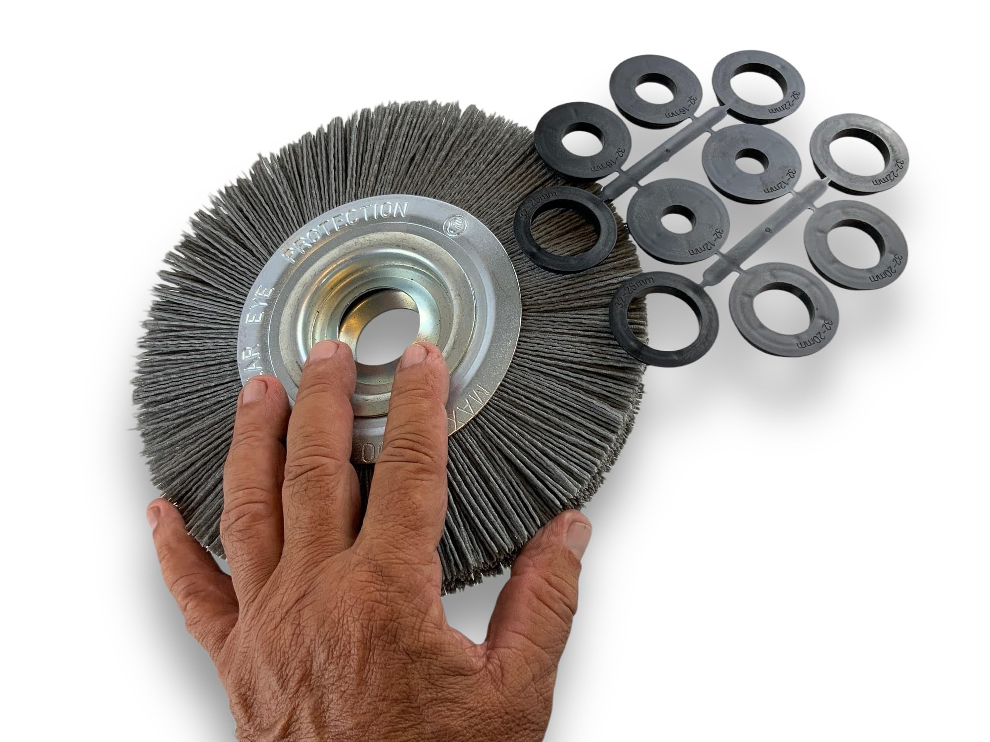 Brosse circulaire NYLON Abrasif | Ø 200 mm | Epaisseur 2 rangs | Carbure de silicium Grain 120 | Alésage 32 mm + réducteur bague 25/22/20/16/12 mm | Touret meuleuse ponceuse | Kibros 238202KR_120