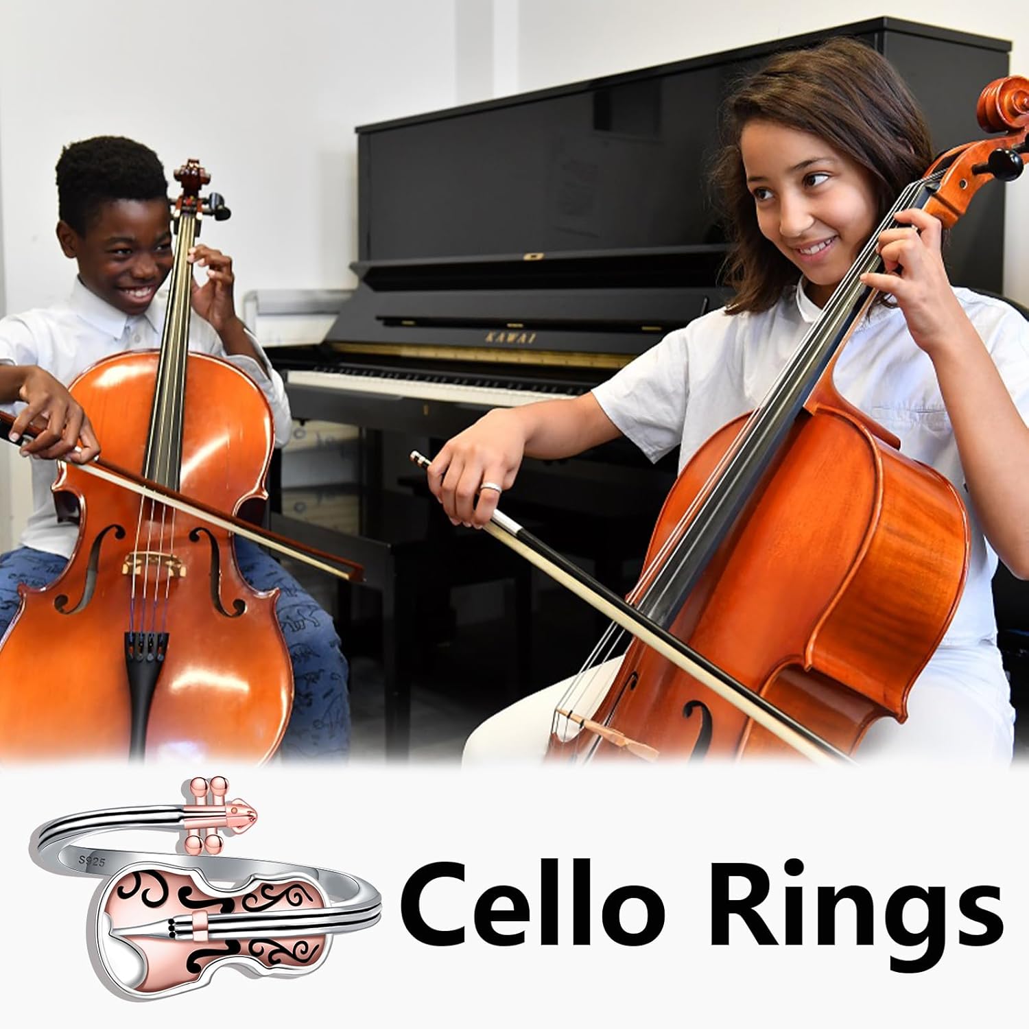 Music Violin Ring for Women - 925 Sterling Silver Violins Rings Adjustable Music Jewelry Gifts for daugher Musical Lover Violinist