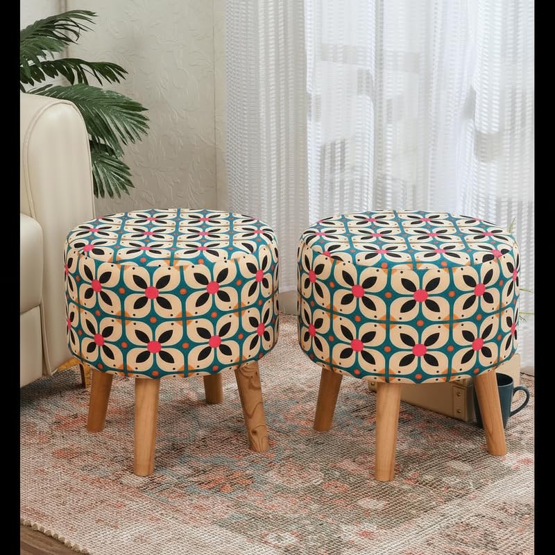 Image of NACIA Printed Ottoman Stool Set of 2 | Soft Cushioned Velvet Pouf Footrest with Wooden Legs | Decorative Seating Stool for Bedroom Living Room Home & Office (16x16x17 Inch, Boho Chic)