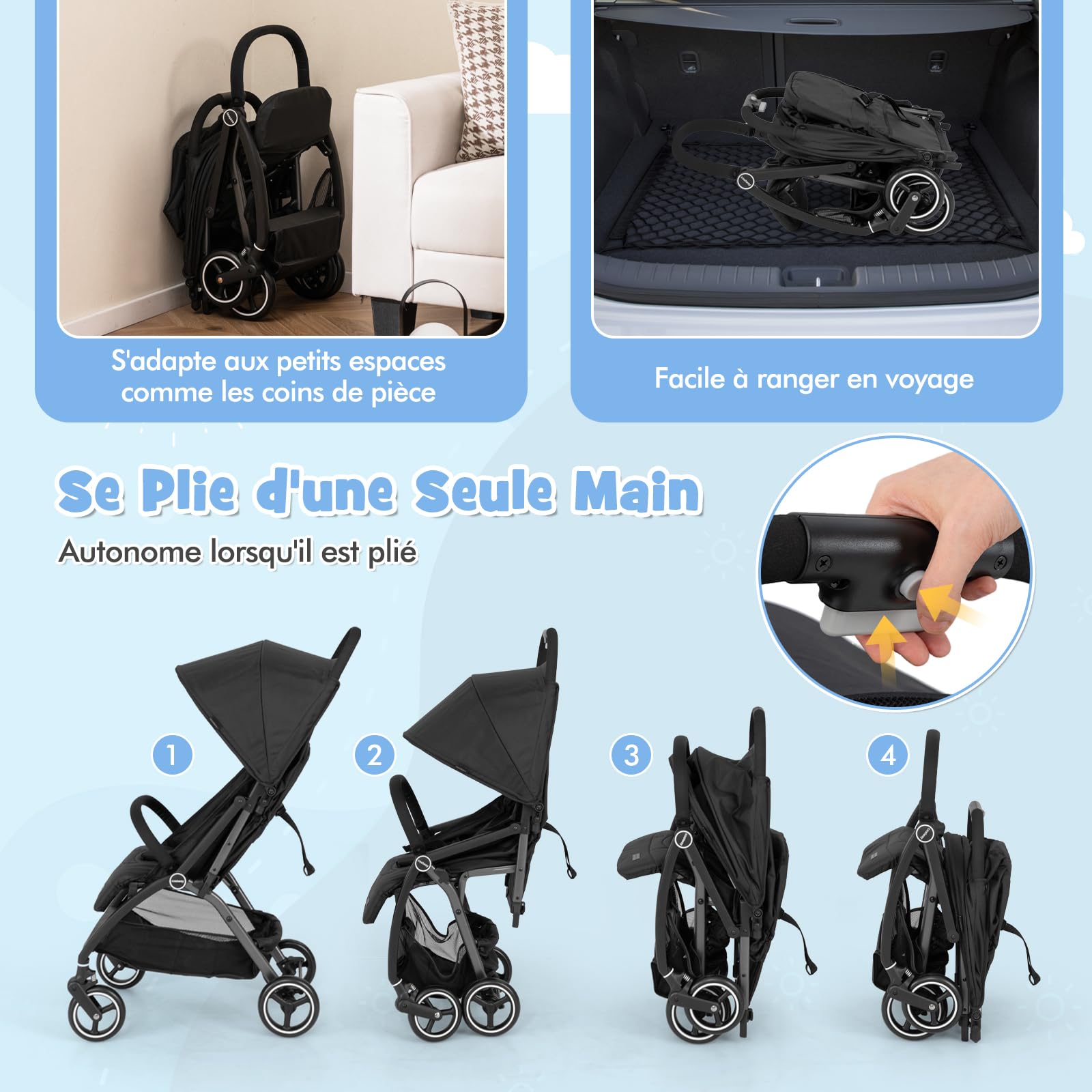 DREAMADE Poussette Canne, Légère 6,2 KG, 0-36 Mois, Poussette Ultra Compact Bébé Pliable à Une Main (Noir)