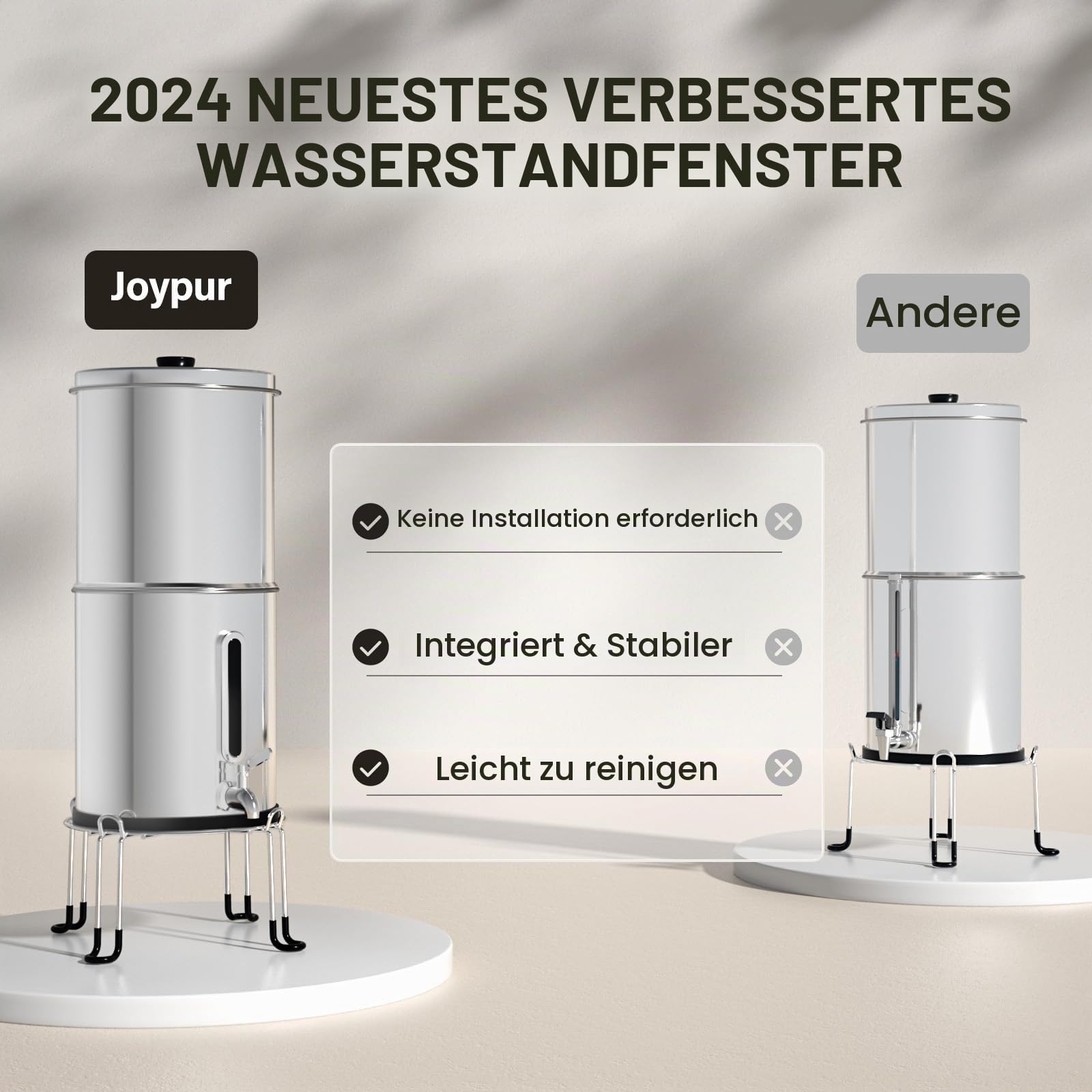 Schwerkraft Wasserfilter 8,5L aus 304 Edelstahl mit Sichtfenster – für Zuhause, Wohnmobil & Notfallvorsorge, BPA-frei, verbessert Geschmack & Geruch, ohne Strom, Sliver