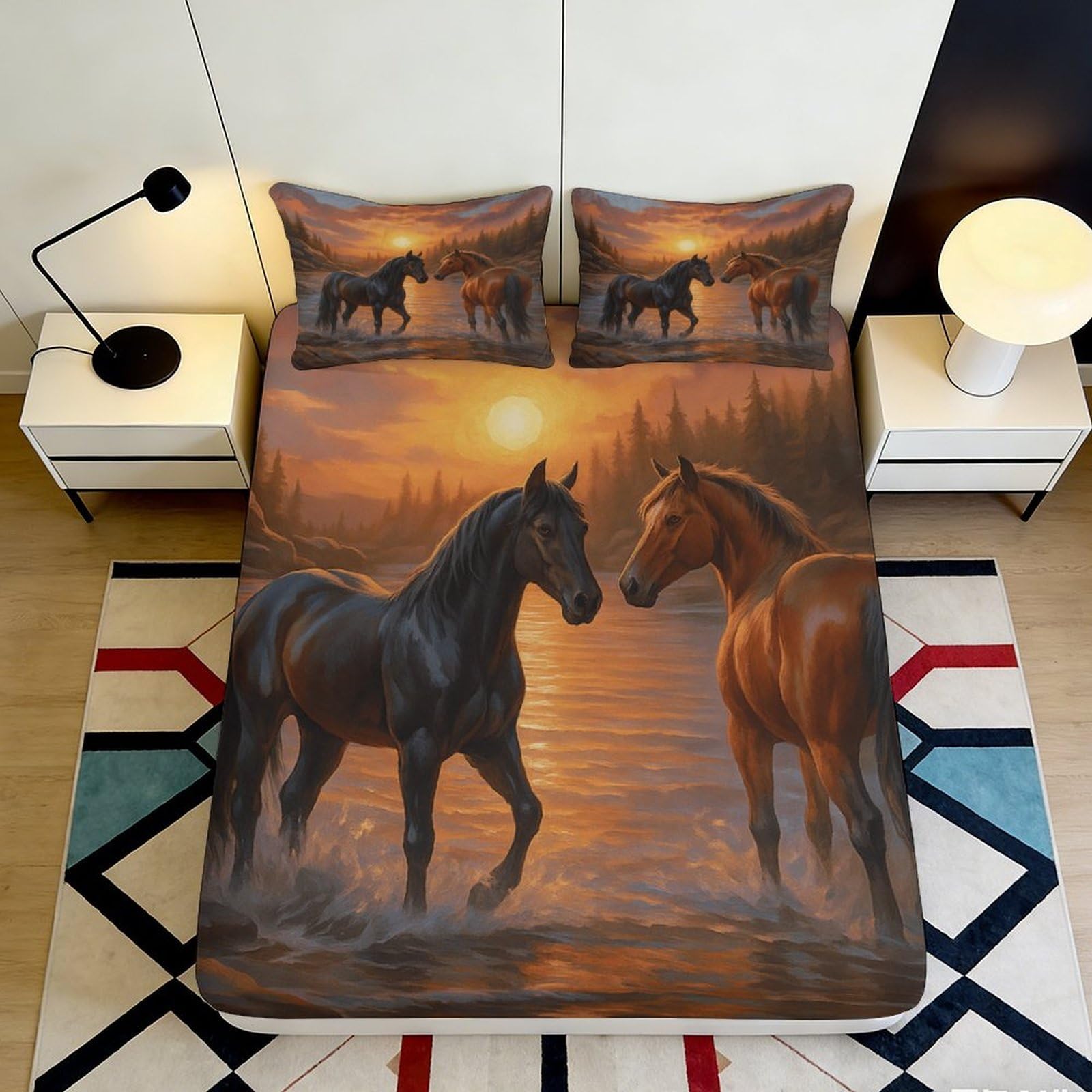 3D Printed Sunset Horses Fitted Sheet Microfiber Soft Durable Brown Black Horse Bed Cover for Bedroom Dormitory Guest Room Mattress Protection 120x200x25cm