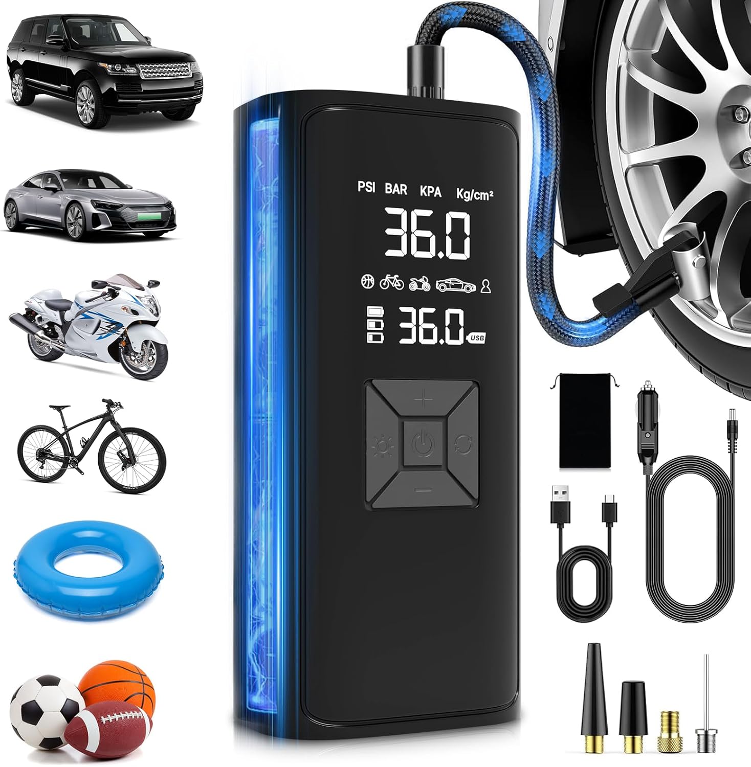 Tire Inflation Portable Air Compressor, 6x Speed 150 PSI Cordless Multi-Function Smart Air Pump with Digital Pressure Gauge - Fast Tire Inflator for Cars, Motorcycles, Pickup, Balls and More