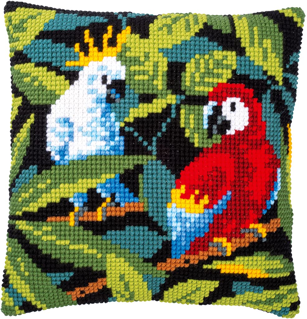 Vervaco Kreuzstich Stickpackungen Kissen Stickerei Set Anfänger Vorgedruckt Tropische Vögel DIY Set Kreativ Set Für Erwachsene Dekoratives Kissen ca. 40 x 40 cm Bastelset Handwerker Haus Dekoration
