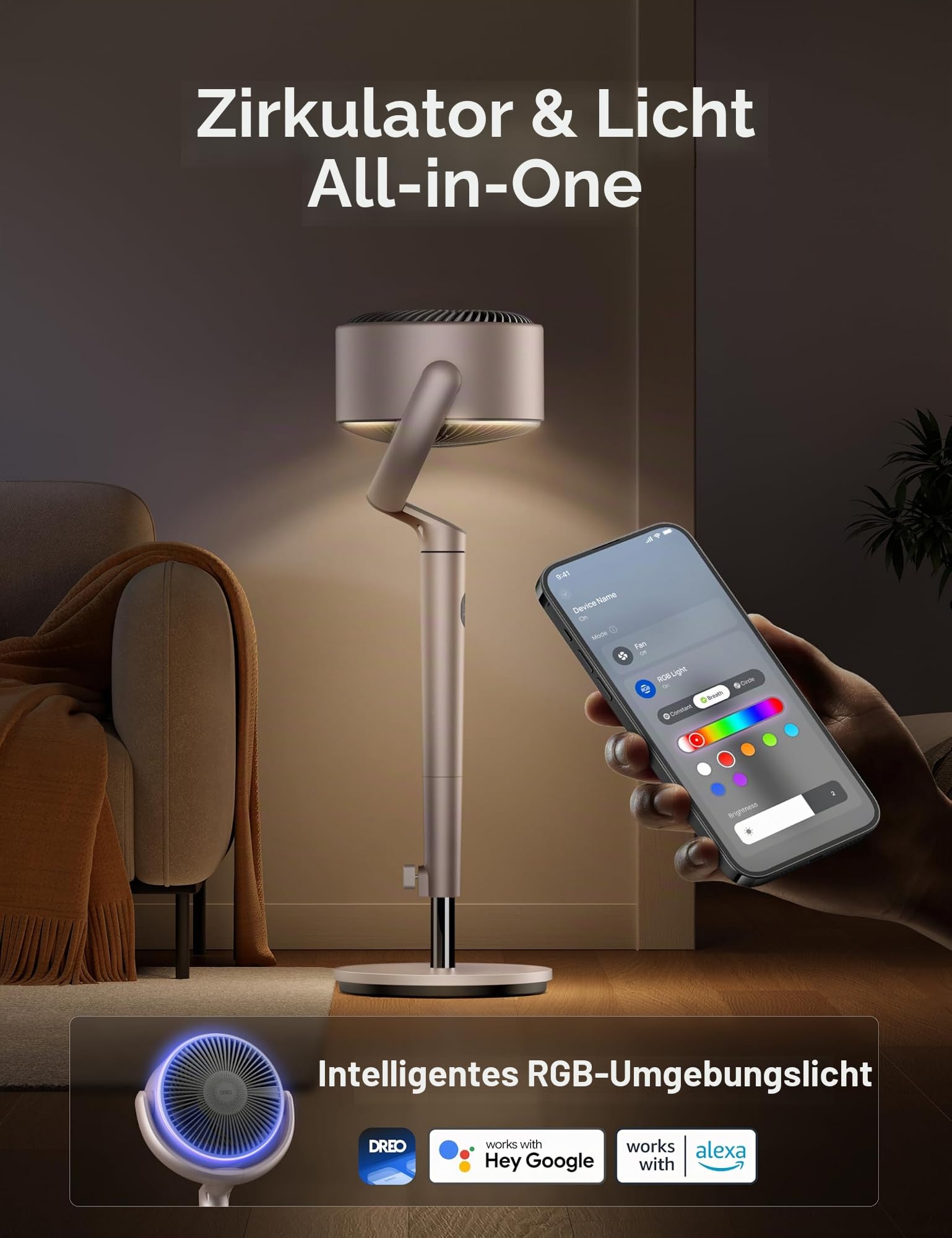 DREO Smart Standventilator mit RGB Light, 120° +120° Oszillierender Ventilator mit Fernbedienung, 20dB Leiser Bodenventilator für Schlafzimmer, 8H Timer