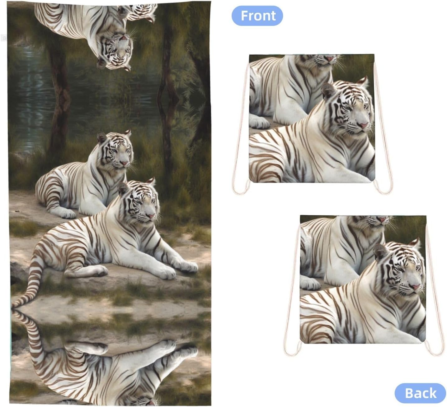 2 in 1 Packable Towel Bag,Soft Absorbent Pool Towels Backpack Quick Dry Lightweight Beach Towels White Tigers Drawstring Bag for Travel Camping Sports Picnic image 2