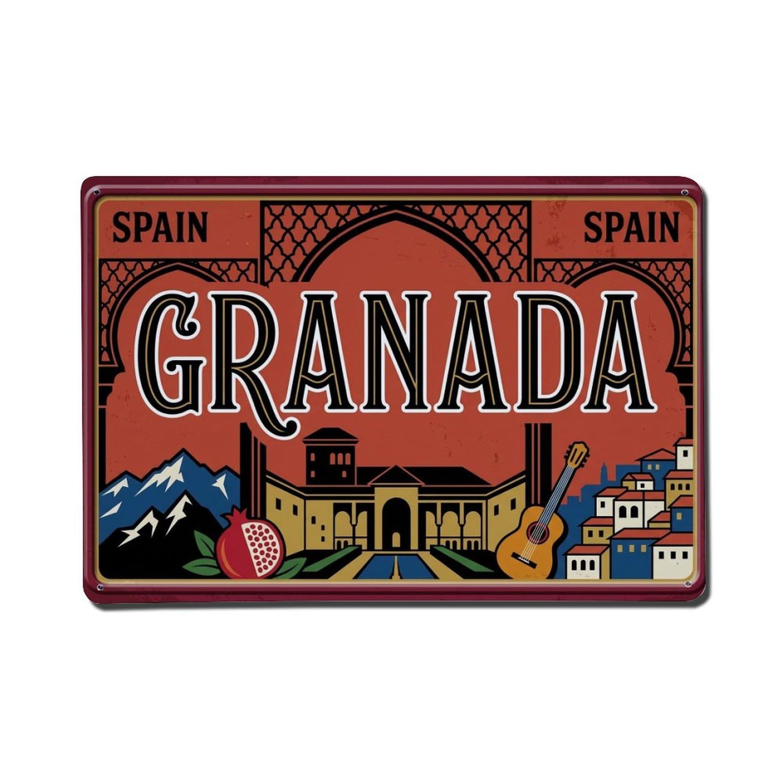 Xanthor Style Vintage Travel Granada Spain Alhambra Guitar Metal Tin Sign