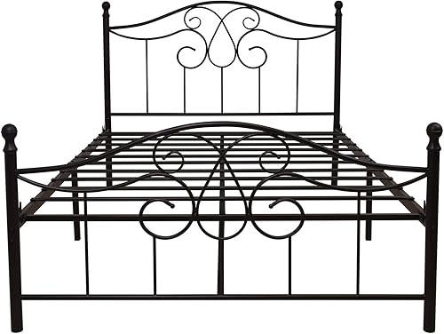 Miniatura 6 de YALAXON Marco de cama de metal resistente vintage de tamaño matrimonial con cabecera y estribo, base de cama básica, no necesita somier (tamaño