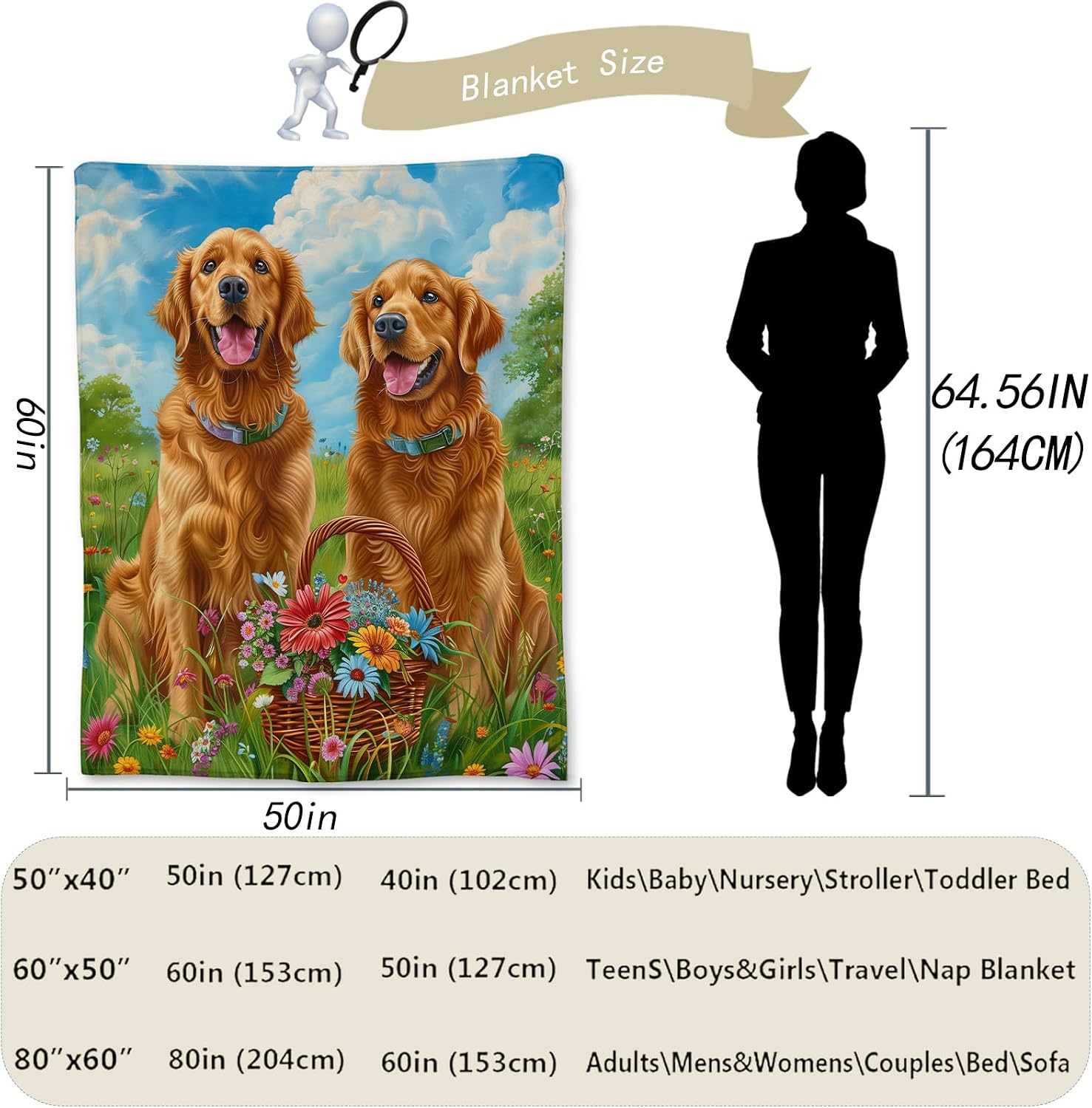 Golden Retriever & Wildflower Blanket, Soft Flannel Animal Dog Throw Blanket for Couch, Bed, Travel, Cozy Lightweight Warm Fluffy Fuzzy Blankets for Women Girls 60×50 in