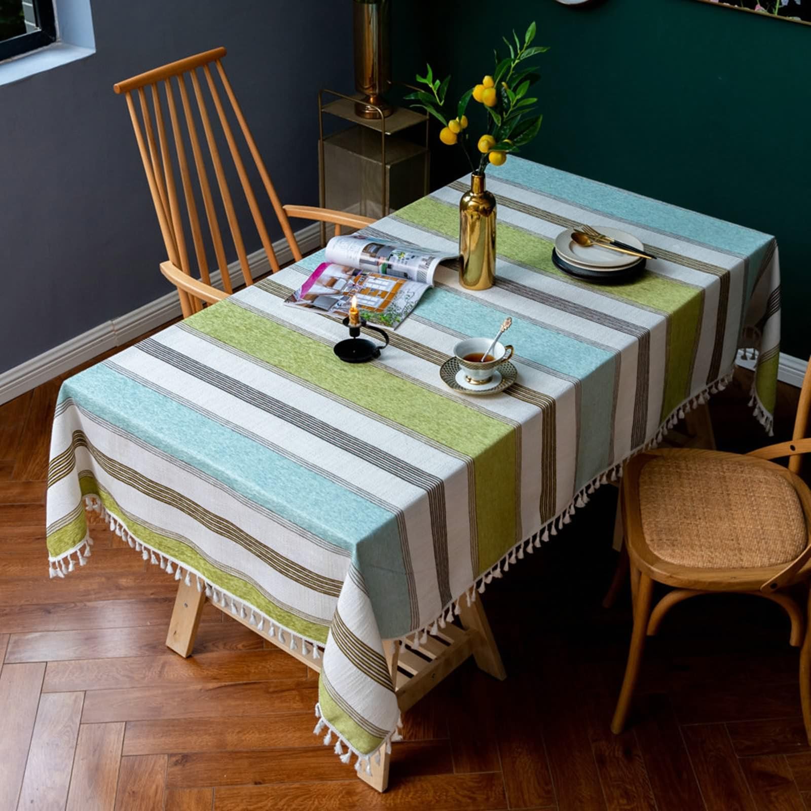 Tischdeko Elegant, Baumwolle Leinen Mehrfarbiges Streifenmuster Tischtuch für Küche, Picknick, Tischdekoration, Gelbgrün, 140 x 240 cm