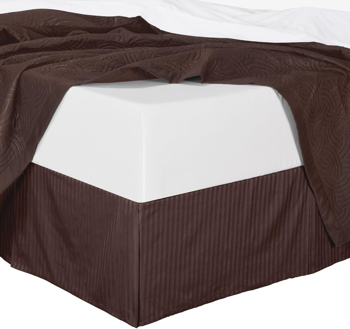 300tc Cotton Stripes Pleated Tailored Bed Skirt with 15 Inches Drop and Split Corners (Queen, Chocolate)