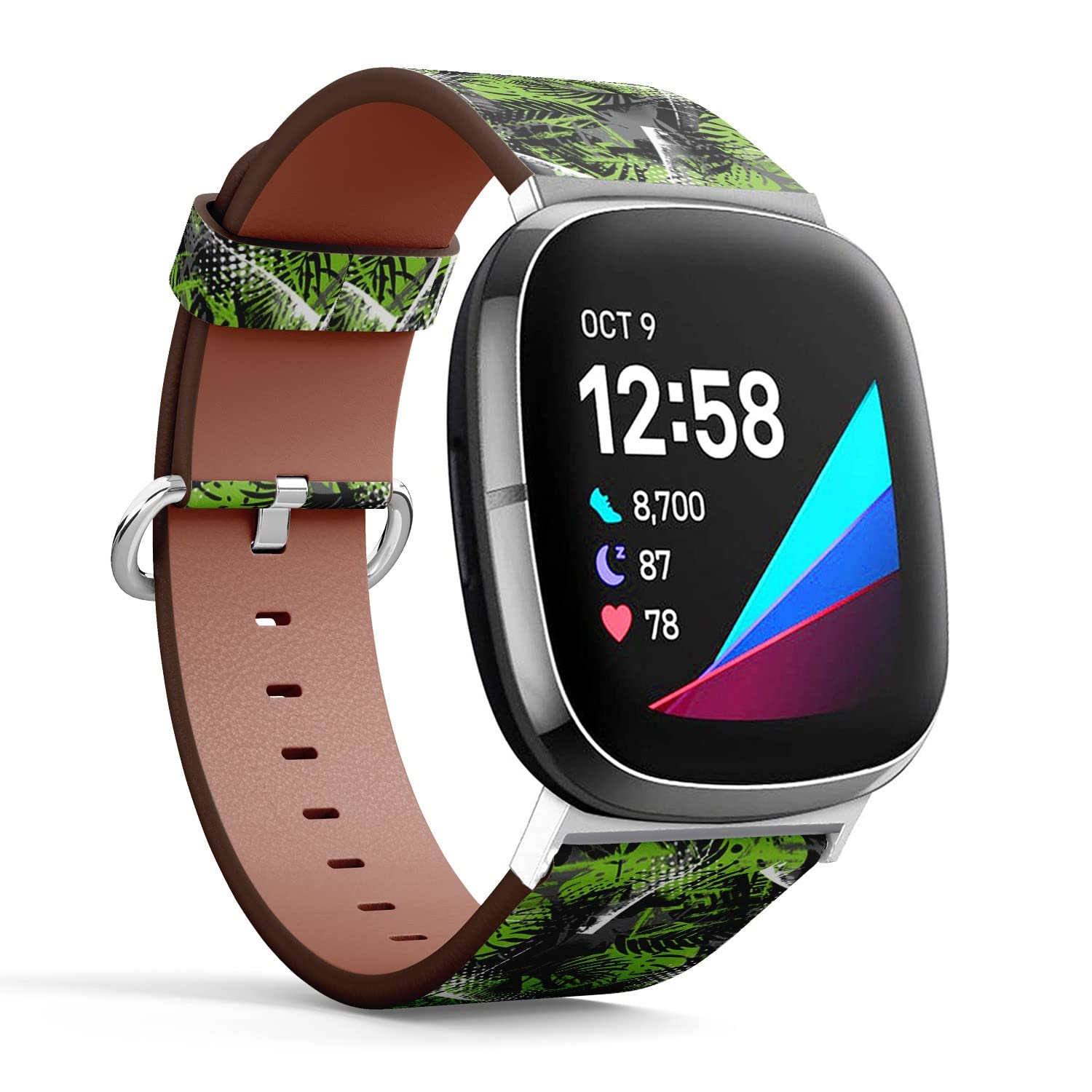 CJBROES Replacement Leather Watch Band, Compatible with Fitbit Versa 3 and Fitbit Sense of Wristband Bracelet Accessory - Bright Grunge Summer Palm Tree